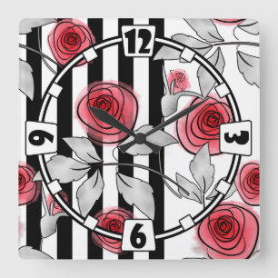 Reloj Cuadrado Resumen de rosas rojas modernas hojas esbozadas