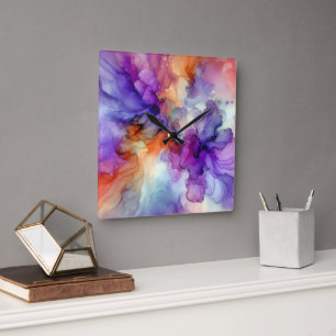 Reloj Cuadrado Resumen de tinta de naranja y púrpura de alcohol