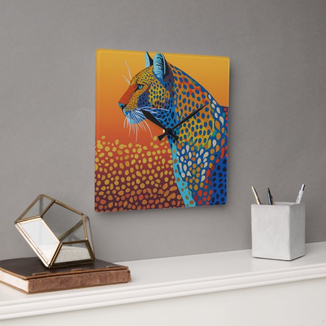Reloj Cuadrado Resumen del arte del leopardo vibrante (Oficina)