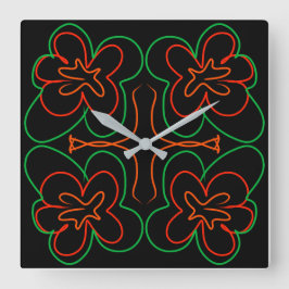 Reloj Cuadrado Resumen del diseño de flores verdes y naranjas