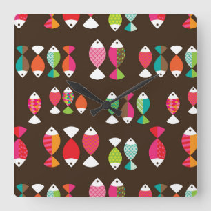 Reloj Cuadrado Resumen del patrón submarino de peces retro 2