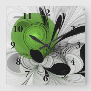 Reloj Cuadrado Resumen en blanco y negro con arte fractal verde