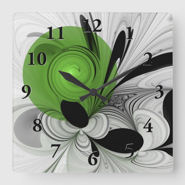 Reloj Cuadrado Resumen en blanco y negro con arte fractal verde (Anverso)