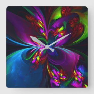 Reloj Cuadrado Resumen floral moderno Patrón azul rojo del arte #