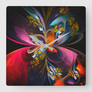 Reloj Cuadrado Resumen floral moderno Patrón azul rojo del arte #