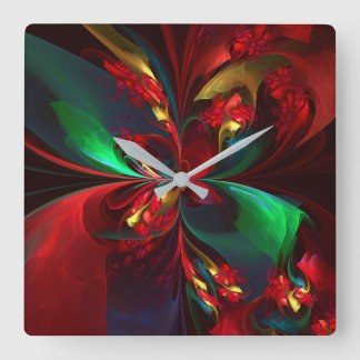 Reloj Cuadrado Resumen floral moderno Patrón verde rojo del arte