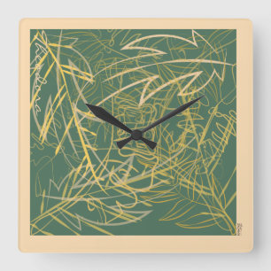 Reloj Cuadrado Resumen Fondo verde de la hoja de oro