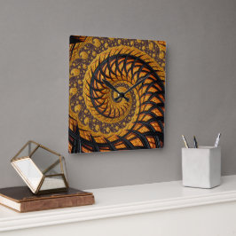Reloj Cuadrado Resumen fractal de espiral de oro y negro