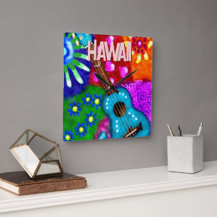 Reloj Cuadrado Resumen Funky Ukulele Floral Tropical Verde azulad