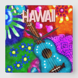Reloj Cuadrado Resumen Funky Ukulele Floral Tropical Verde azulad