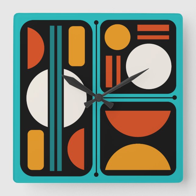 Reloj Cuadrado Resumen geométrico Naranja turquesa de arte retro (Anverso)
