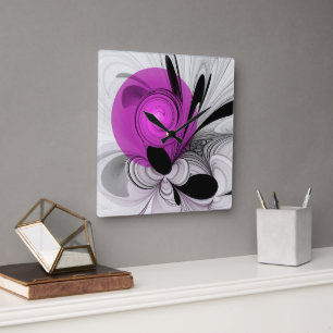 Reloj Cuadrado Resumen Gris Negro Con Arte Fractal Magenta