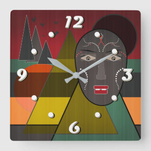 Reloj Cuadrado Resumen máscara africana en colores retro vintage