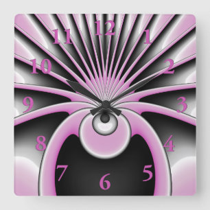 Reloj Cuadrado Resumen moderno Arte fractal Figura negra rosa gri