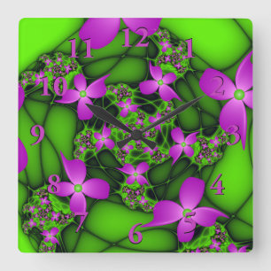 Reloj Cuadrado Resumen moderno Flores fractales de color verde ne