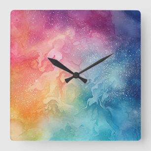 Reloj Cuadrado Resumen Nubes de arcoiris acuarela Arte líquido