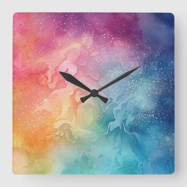 Reloj Cuadrado Resumen Nubes de arcoiris acuarela Arte líquido (Anverso)