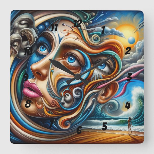 Reloj Cuadrado Resumen Paisaje de ensueño Serenidad oceánica y Ma (Anverso)