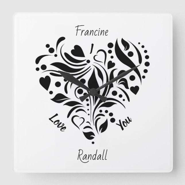Reloj Cuadrado Resumen personalizado Diseño de corazón blanco y n (Anverso)