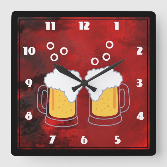 Reloj Cuadrado Resumen rojo moderno con tazas de cerveza (Anverso)
