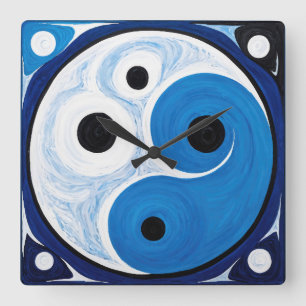 Reloj Cuadrado Resumen Yin Yang: Azul y blanco modernista