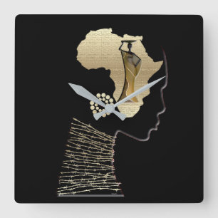 Reloj Cuadrado Retrato Afrocentrista Dorado Símbolo de África