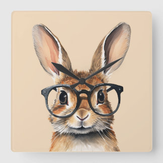 Reloj Cuadrado Retrato De Acuarela Conejo Cubierto Con Gafas