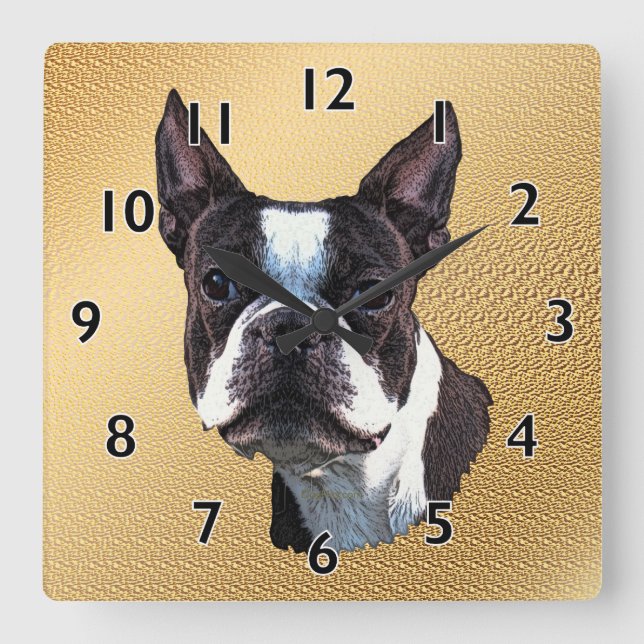 Reloj Cuadrado Retrato de Boston Terrier (Anverso)