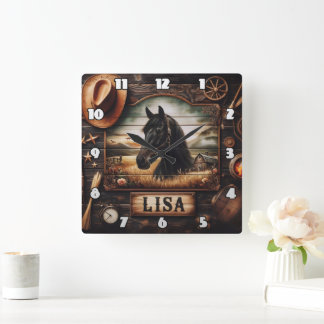 Reloj Cuadrado Retrato de caballo negro con elementos decorativos