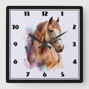 Reloj Cuadrado Retrato de cabeza de caballo marrón en acuarela