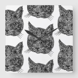 Reloj Cuadrado Retrato de gato ornamental blanco y negro