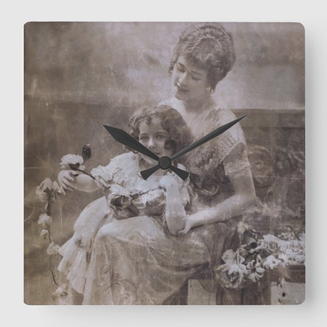 Reloj Cuadrado Retrato de madre e hijo de la vieja Sepia (Anverso)