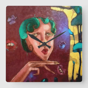 Reloj Cuadrado Retrato de mujer colorida abstracta - pintura de a