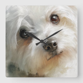Reloj Cuadrado retrato en acuarela de perro maltés