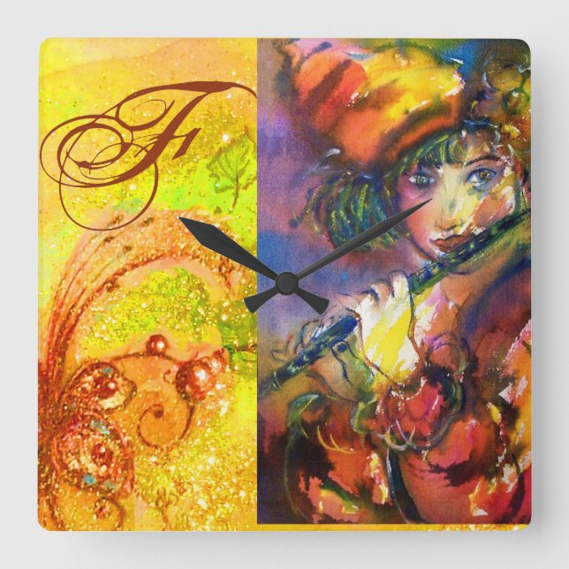 Reloj Cuadrado RETRATO FLUTISTA / Monograma de mascarada venecian (Anverso)