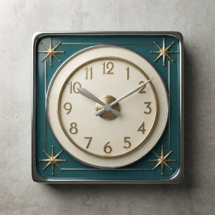 Reloj Cuadrado Retro 1950s Mid Century Atomic Starbursts Space Ag