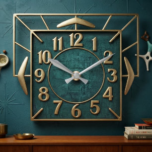 Reloj Cuadrado Retro 1950s Mid Century Modern Teal and Gold
