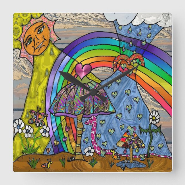 Reloj Cuadrado Retro 60 Psicodelic Magic Mushrooms Sq Clock (Anverso)