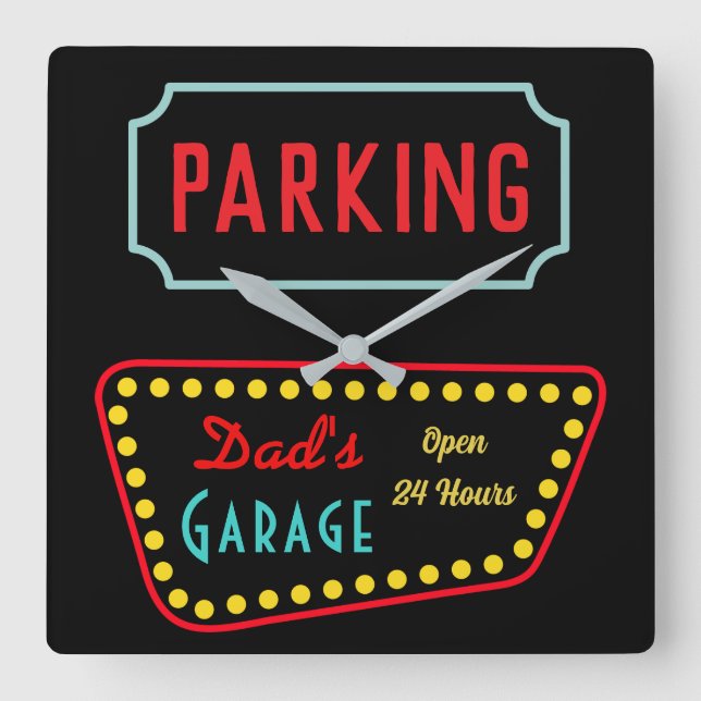 Reloj Cuadrado Retro Dad's Garage Sign Wall Clock  (Anverso)