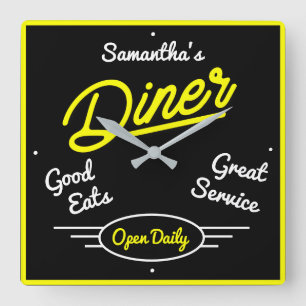 Reloj Cuadrado Retro Diner 50 Neón Amarillo Efecto Cualquier Nom