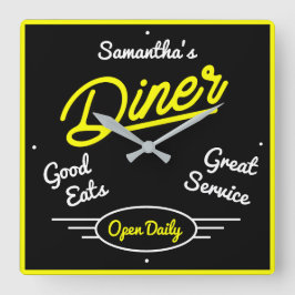 Reloj Cuadrado Retro Diner Fifties Efecto Neón Amarillo Cualquier