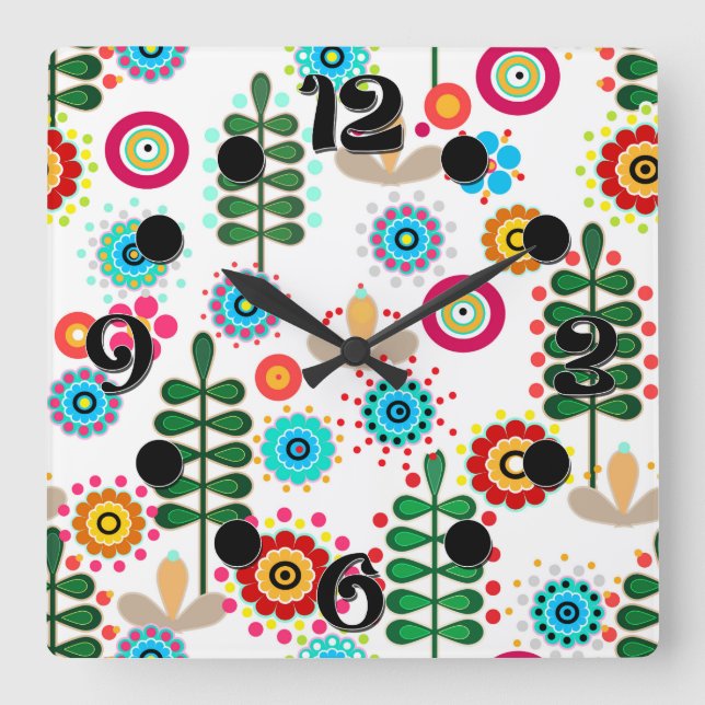 Reloj Cuadrado Retro, estampado floral (Anverso)