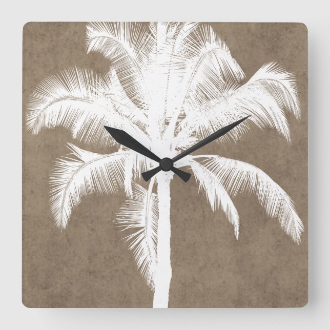 Reloj Cuadrado Retro Hawaití Tropical Palm Tree Silhouette White (Anverso)