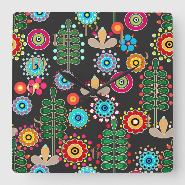 Reloj Cuadrado Retro, patrón de flor (Anverso)