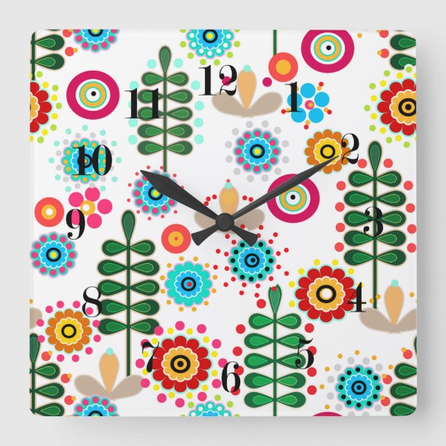 Reloj Cuadrado Retro, patrón floral (Anverso)