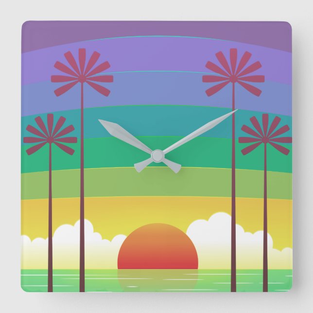 Reloj Cuadrado Retro Purple Sunset Palm Trees Art (Anverso)