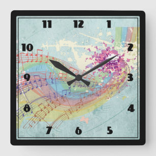 Reloj Cuadrado Retro Rainbow and Music Notes on a Shabby Texture