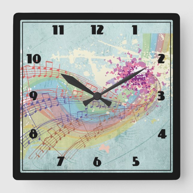 Reloj Cuadrado Retro Rainbow and Music Notes on a Shabby Texture (Anverso)