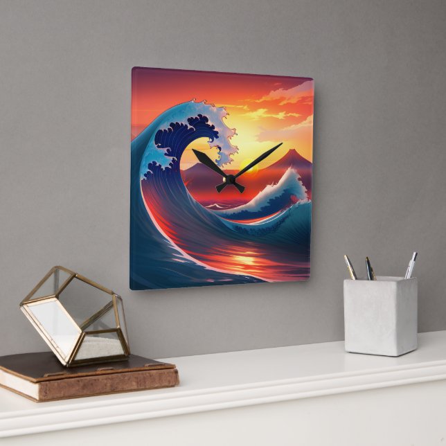 Reloj Cuadrado Retro-reimaginación de la gran ola (Oficina)