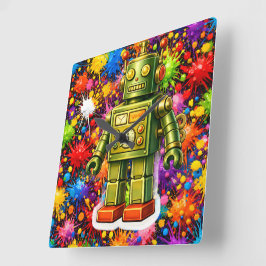 Reloj Cuadrado Retro robot colour burst square wall